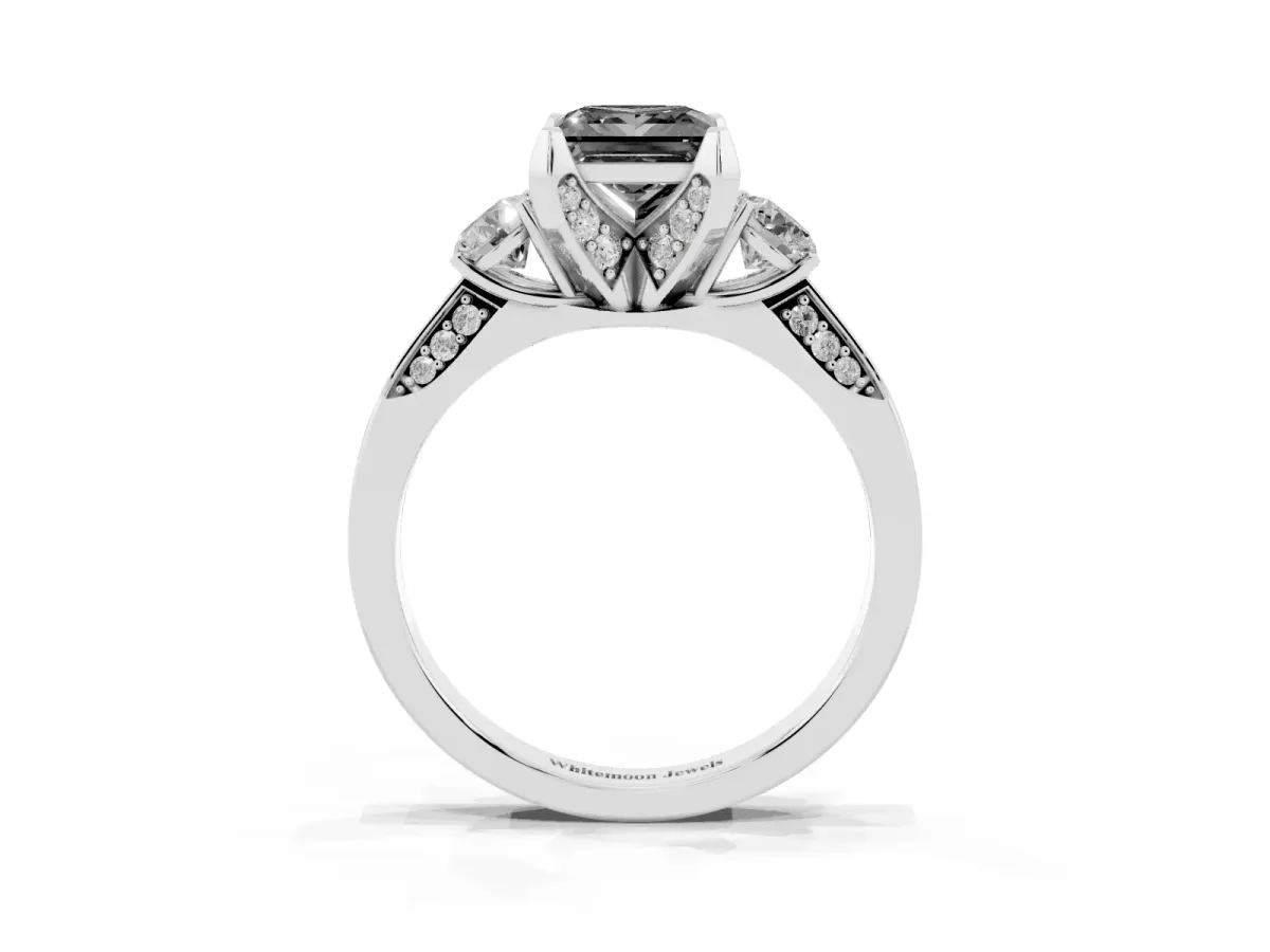 Fancy Black Princess Cut Brilliant Three-Stone Diamond Ring with Pavé Band and Four-Prong Setting Silver