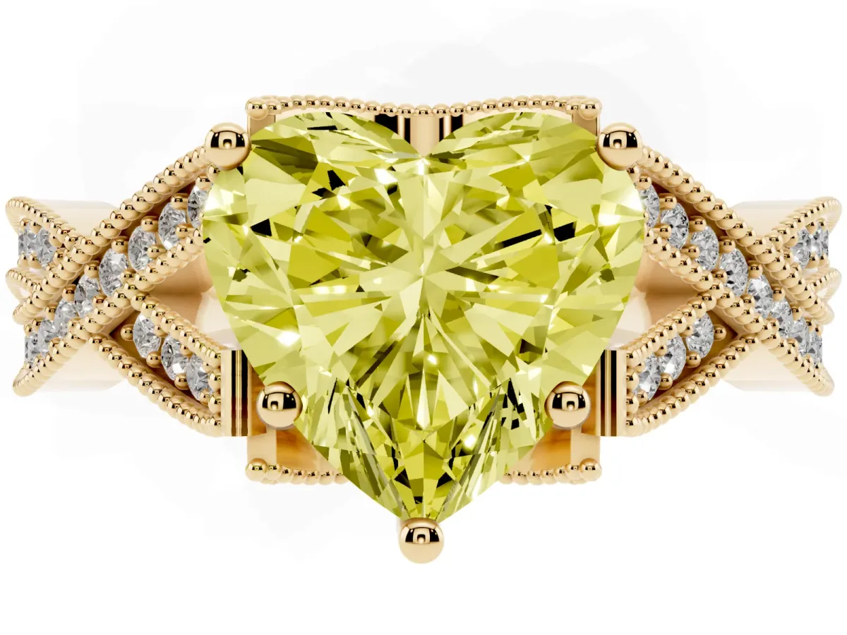 Fancy Yellow Heart Cut Cut Diamond Twisted Band with Milgrain Pave Setting and Four-Prong Setting Yellow gold