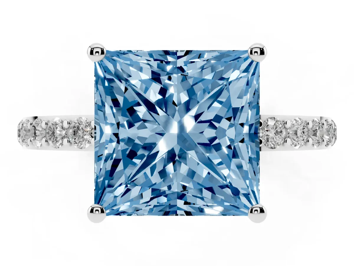 Fancy Blue Princess Cut Diamond Solitaire Ring with Round Pavé Shoulders and Prong Setting Silver
