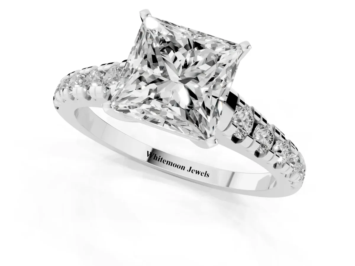 Princess Cut Diamond Cathedral Solitaire Ring with Round Pavé Band Platinum
