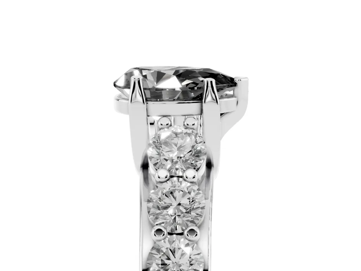 Fancy Black Pear Cut Diamond Engagement Ring with Pavé Band and Four-Prong Setting Silver
