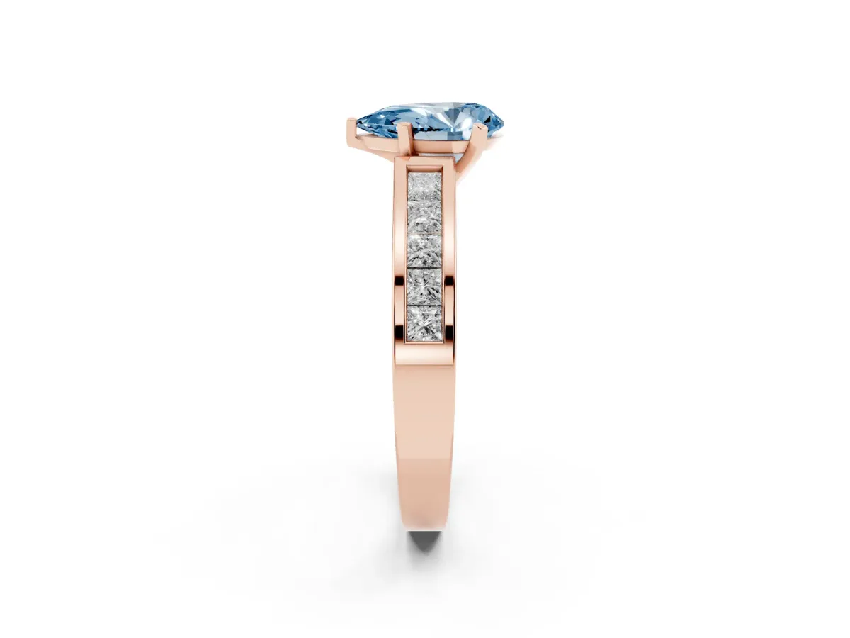 Fancy Blue Pear Cut Solitaire Diamond Ring with Channel-Set Band and Four-Prong Setting Rose gold
