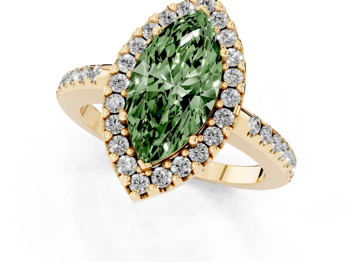 Fancy Green Marquise Cut Diamond Pavé Halo Ring with Four-Prong Setting Yellow gold