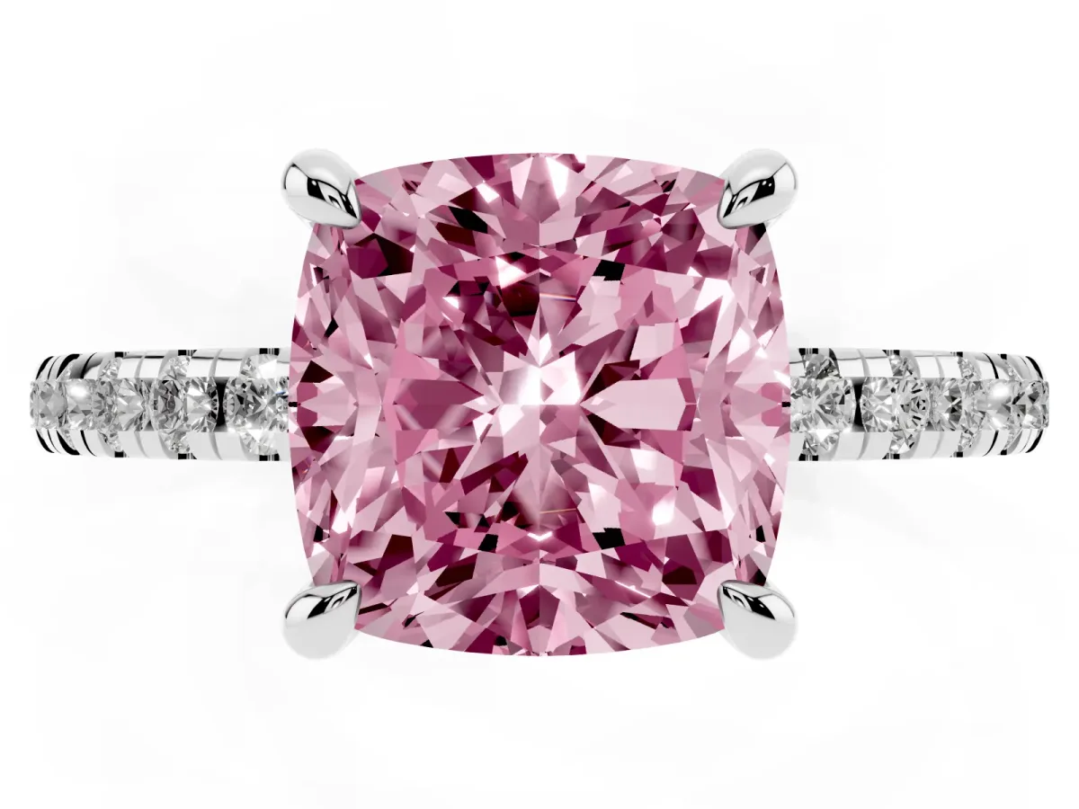 Fancy Pink Cushion Cut Diamond Brilliant Solitaire Ring with Pavé Band and Four-Prong Setting White gold