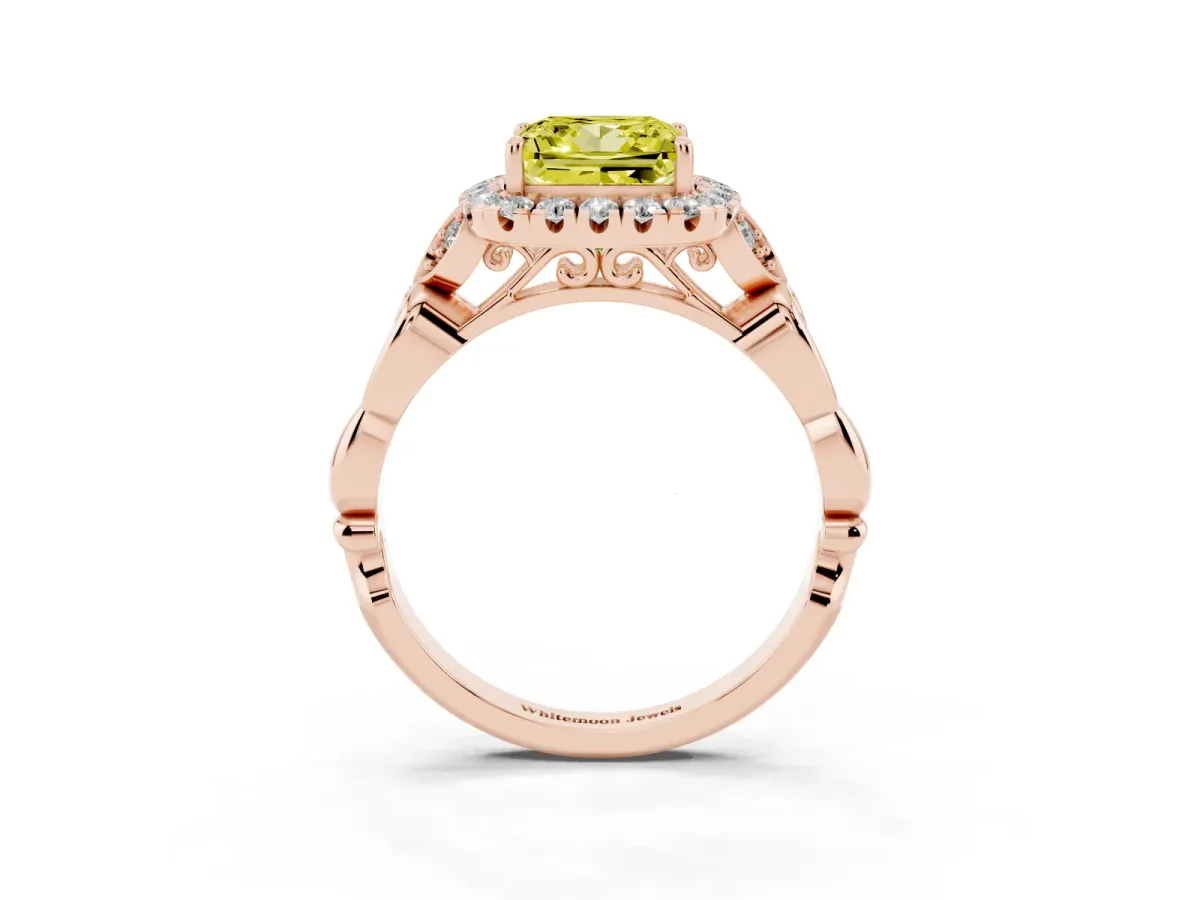 Fancy Yellow Princess Cut Halo Diamond Engagement Ring with Vintage-Inspired Band and Four-Prong Setting Rose gold