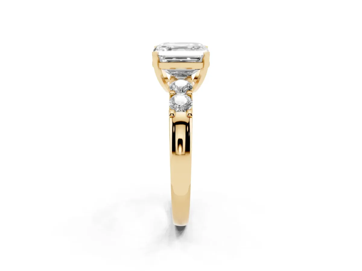Asscher Cut Brilliant Cut Diamond Five-Stone Prong Set Engagement Ring with Channel Band Yellow gold