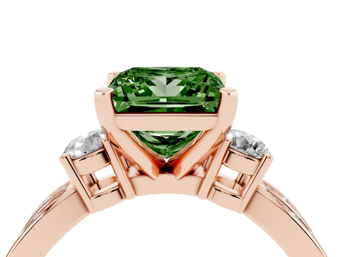 Fancy Green Three-Stone Princess Cut Cut Diamond Twist Band with Prong Setting Rose gold