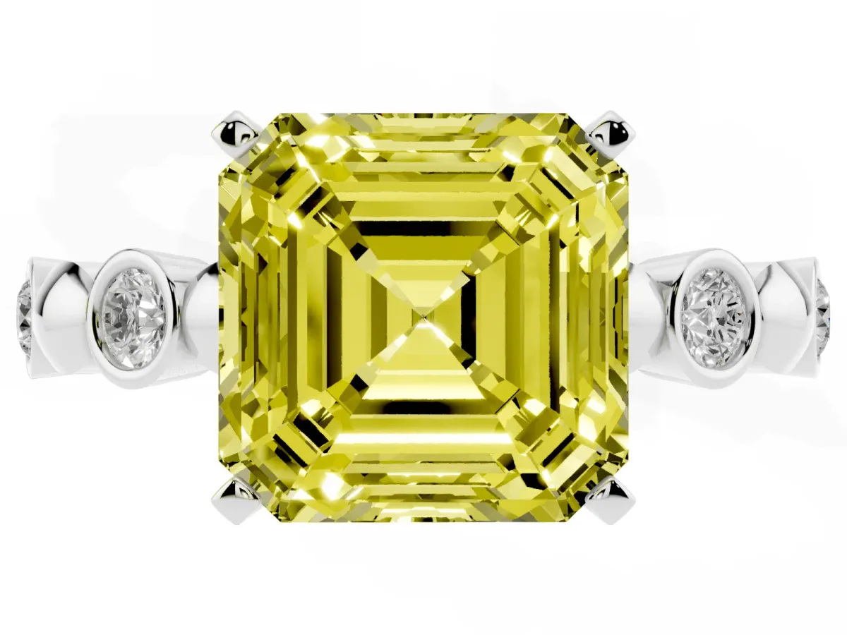 Fancy Yellow Asscher Cut Solitaire Bezel-Set Diamond Ring with Beaded Band and Four-Prong Setting Silver