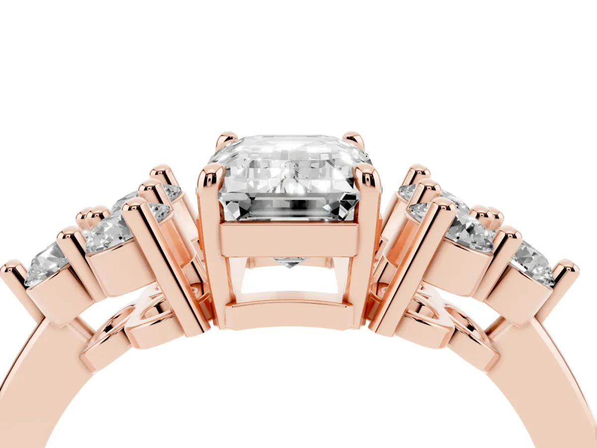 Emerald Cut Brilliant Diamond Cluster Accent Solitaire Ring with Prong Setting Rose gold
