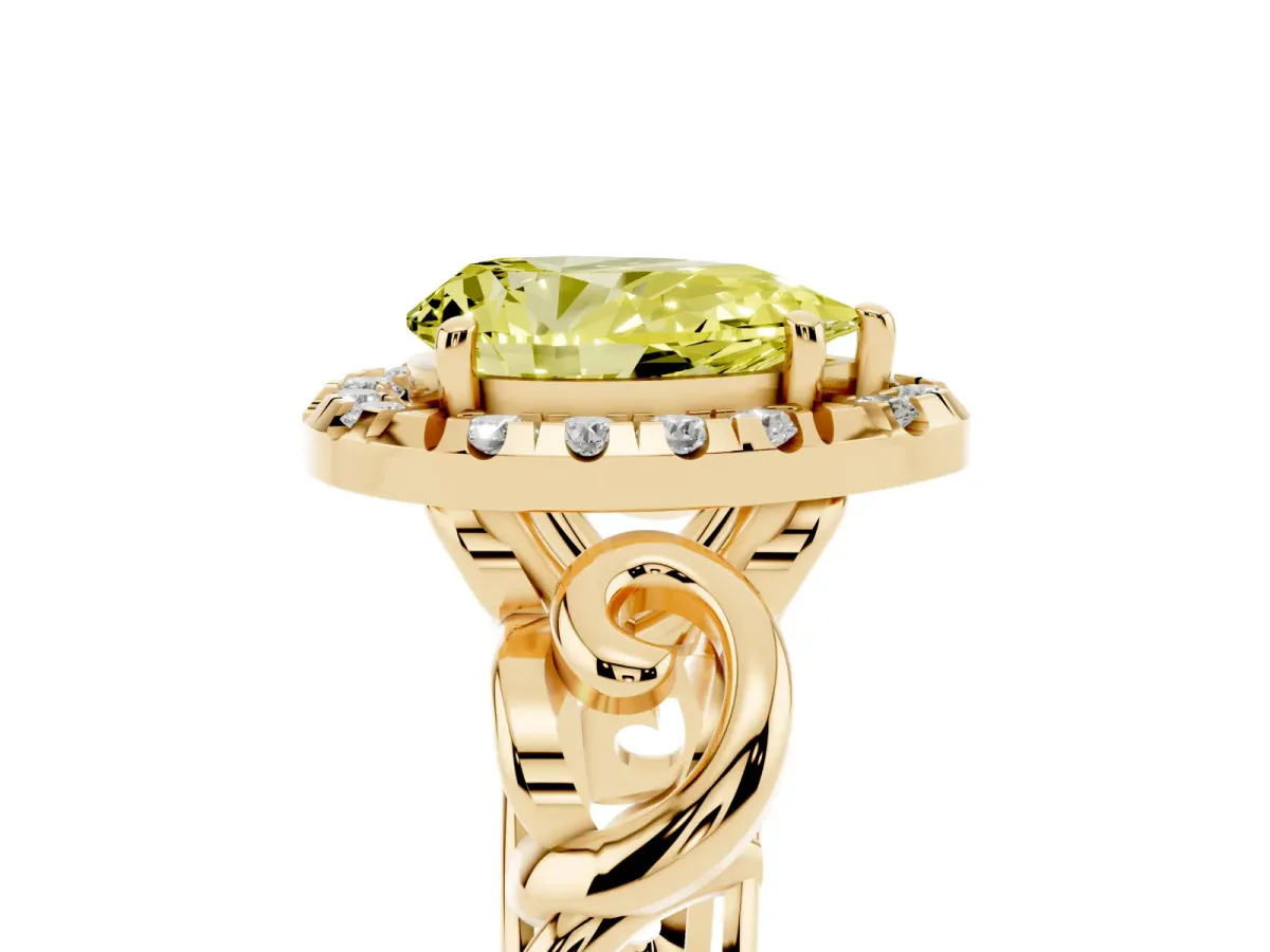 Fancy Yellow Pear Cut Cut Halo Diamond Ring with Scrollwork Band and Four-Prong Setting Yellow gold