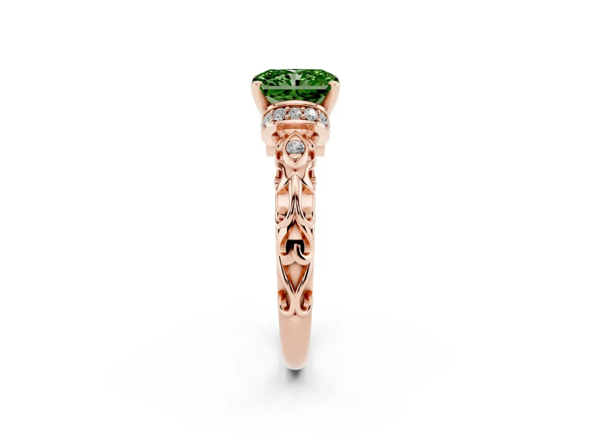 Fancy Green Radiant Cut Diamond Solitaire Ring with Filigree Band and Four-Prong Setting Rose gold