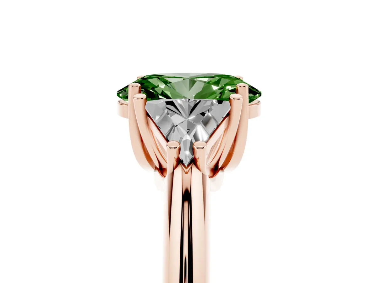 Fancy Green Three-Stone Oval Cut Diamond Engagement Ring with Trillion Side Stones and Prong Setting Rose gold
