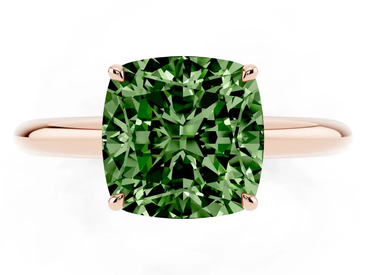 Fancy Green Cushion Cut Brilliant Solitaire Engagement Ring with Six-Prong Setting and Classic Band Rose gold