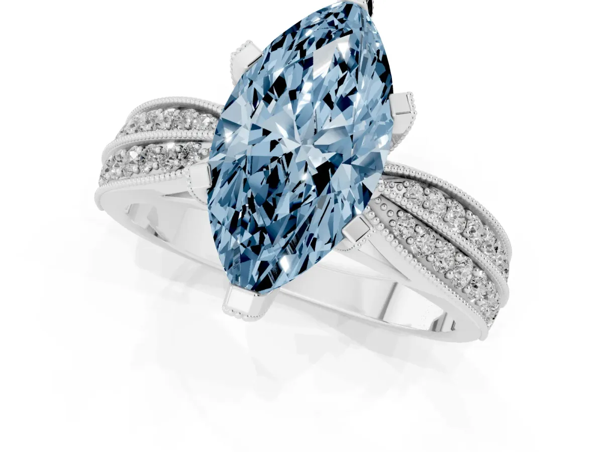 Fancy Blue Marquise Cut Diamond Solitaire Ring with Milgrain Round Pavé Band and Prong Setting Silver