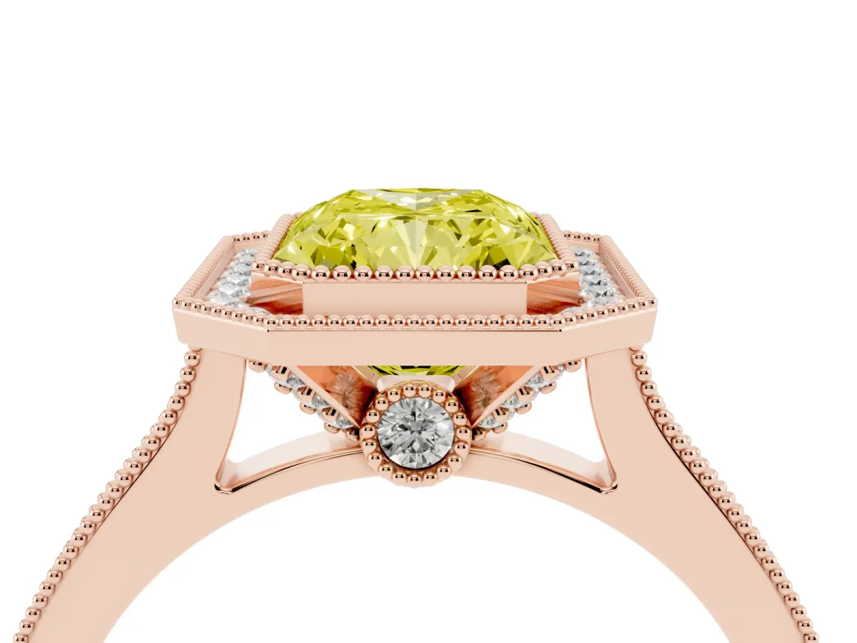 Fancy Yellow Halo Radiant Cut-Cut Diamond Pave Band Milgrain Prong Setting Ring Rose gold