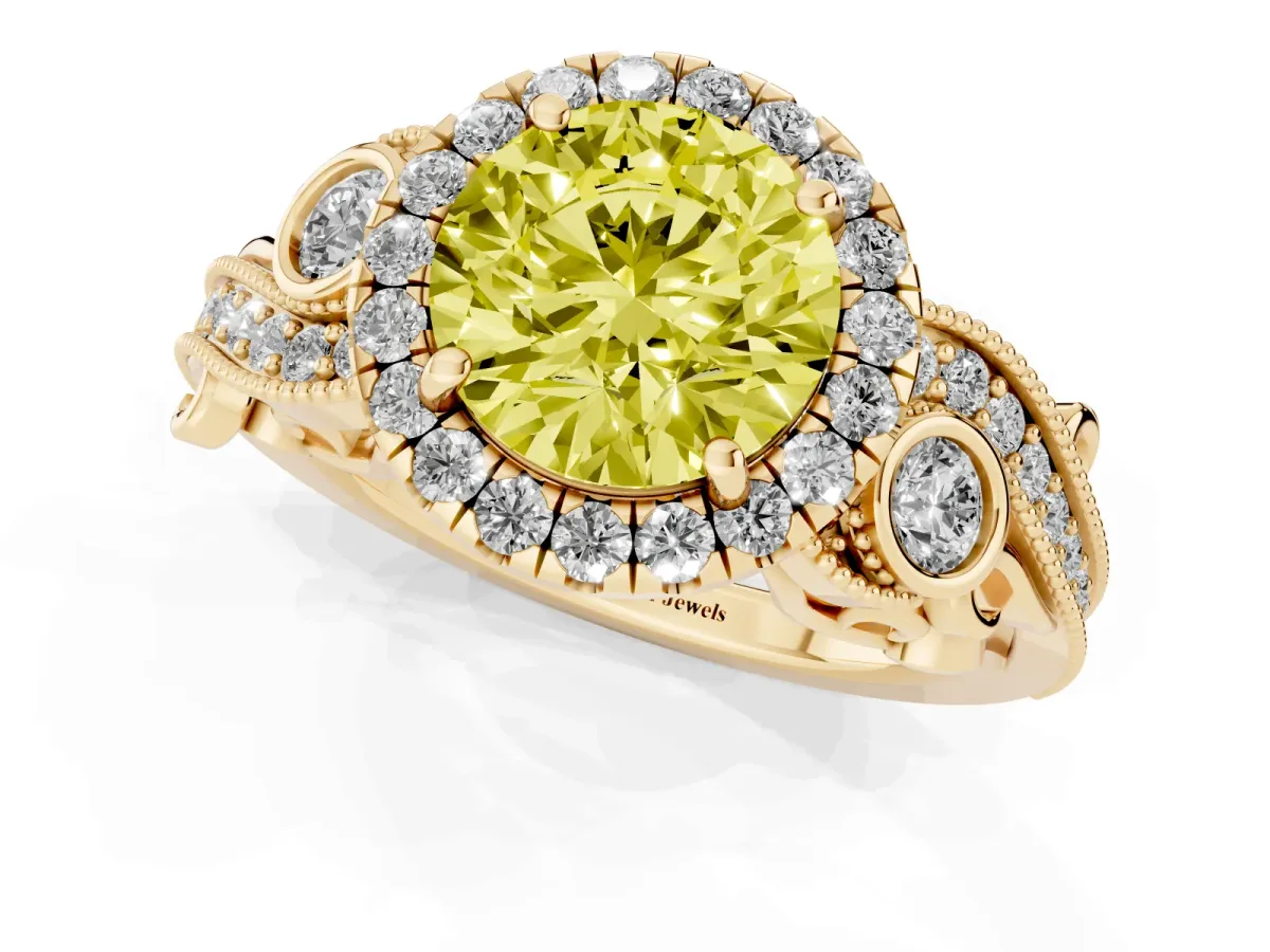 Fancy Yellow Round Cut Halo Diamond Ring with Milgrain and Bezel Accents on a Split Shank Band Yellow gold