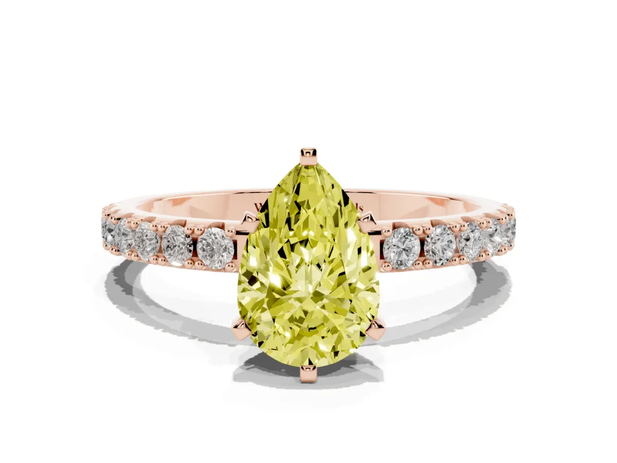 Fancy Yellow Pear Cut Diamond Solitaire Pavé Band with Four-Prong Setting Rose gold