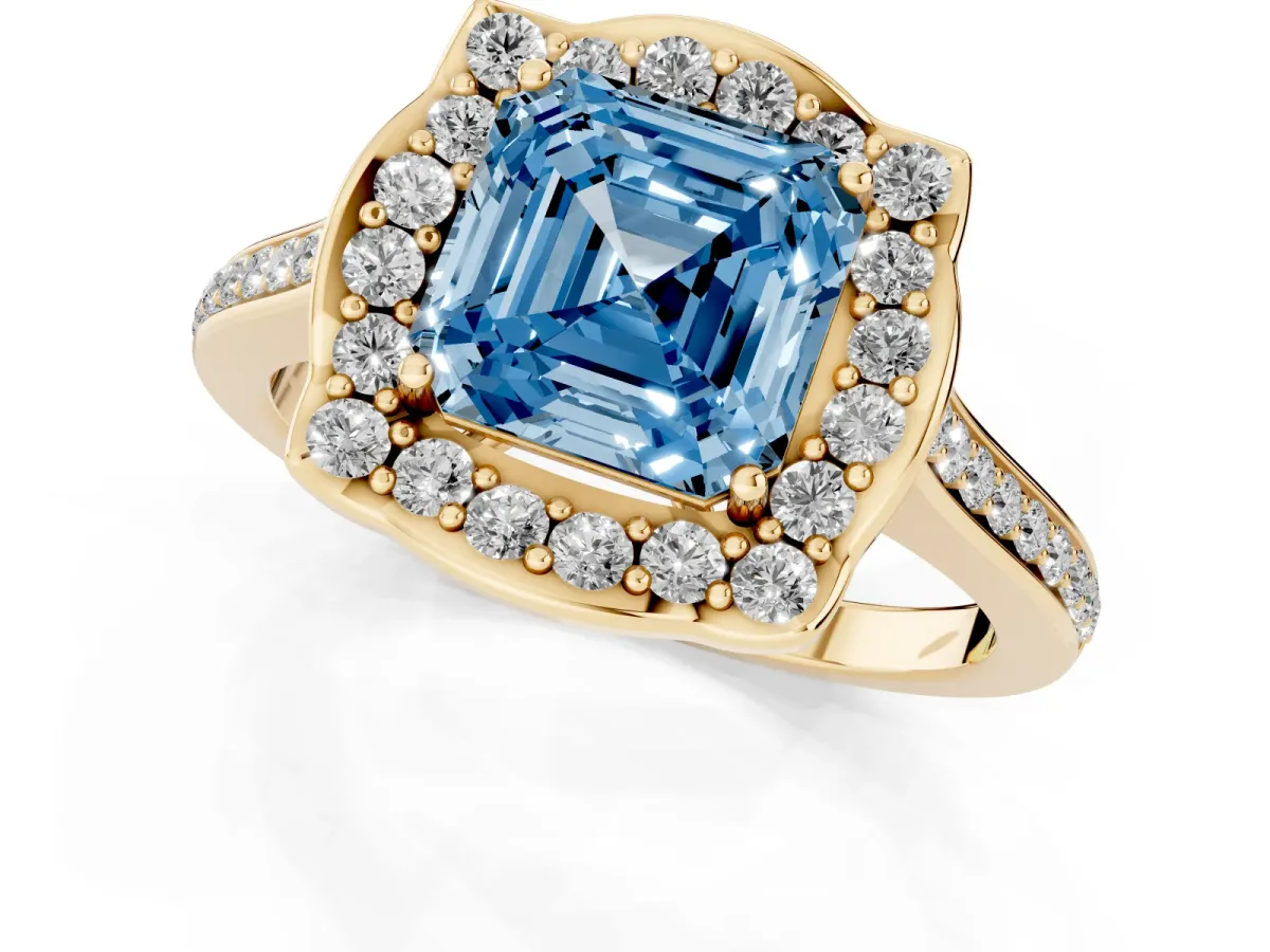 Fancy Blue Asscher Cut Halo Round Diamond Pave Band with Four-Prong Setting Yellow gold