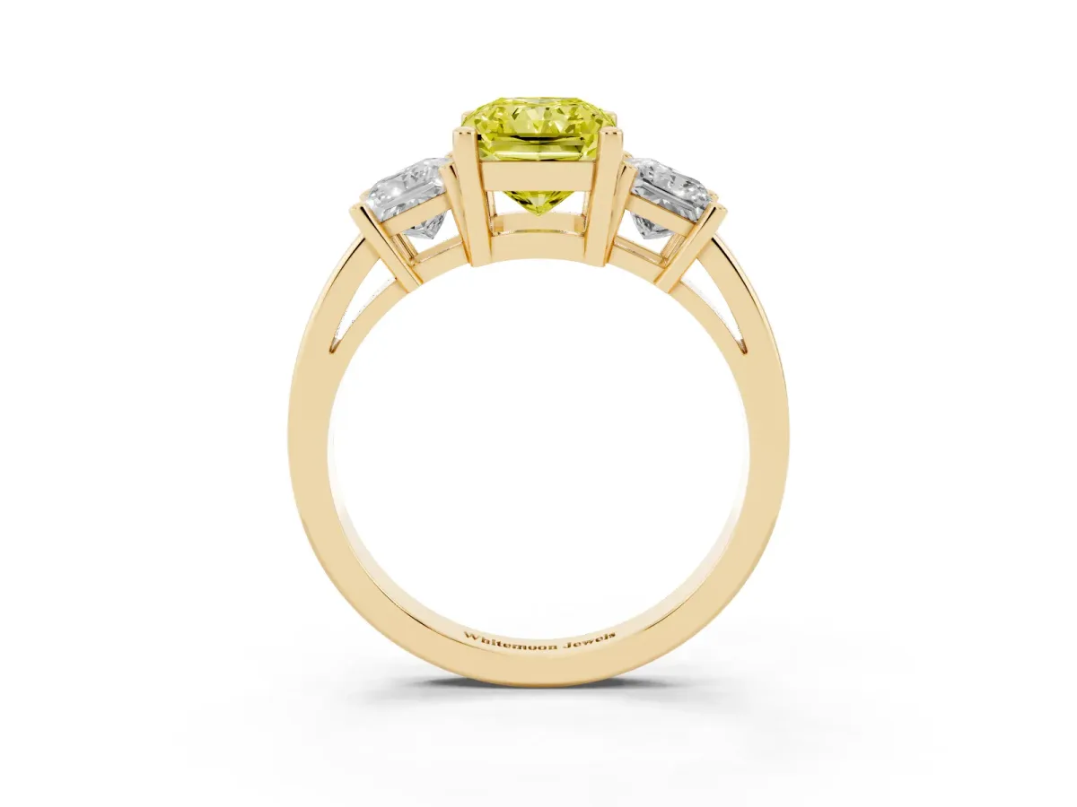 Fancy Yellow Three-Stone Radiant Cut Cut Solitaire Ring with Prong Setting Yellow gold