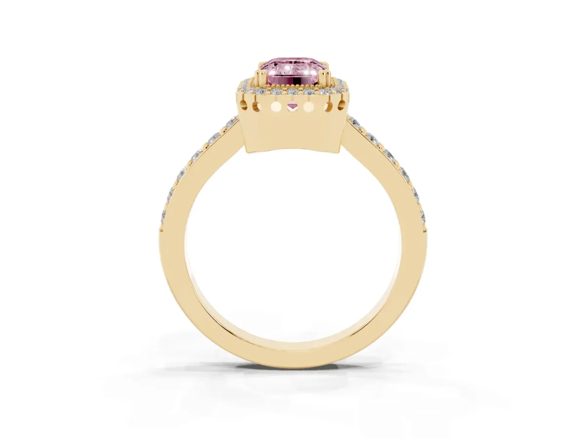 Fancy Pink Emerald Cut Cut Diamond Halo Engagement Ring with Milgrain Detail and Pavé Band Yellow gold