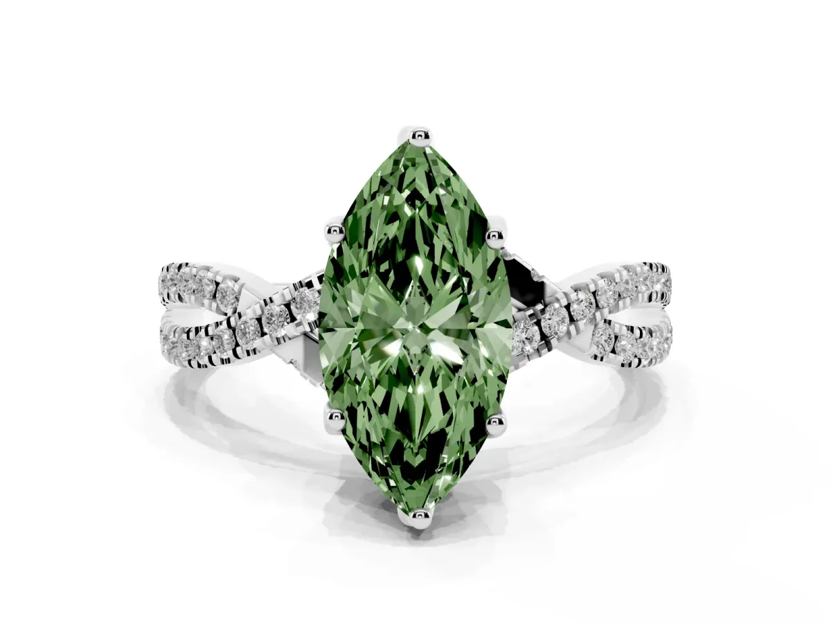 Fancy Green Marquise Cut Solitaire Twist Pave Diamond Engagement Ring with Prong Setting Silver