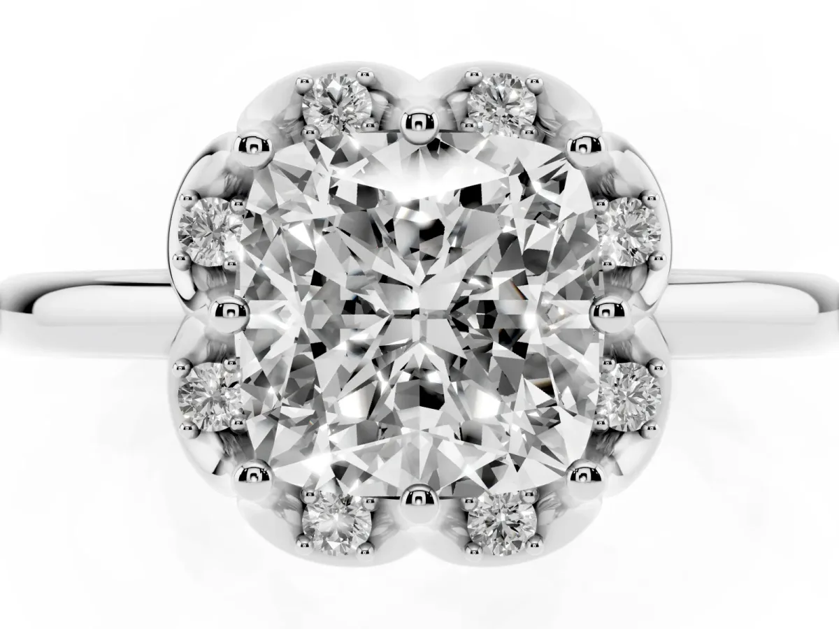 Cushion Cut Halo Diamond Ring with Round Cluster Setting, Solitaire Band, and Four-Prong Setting Platinum