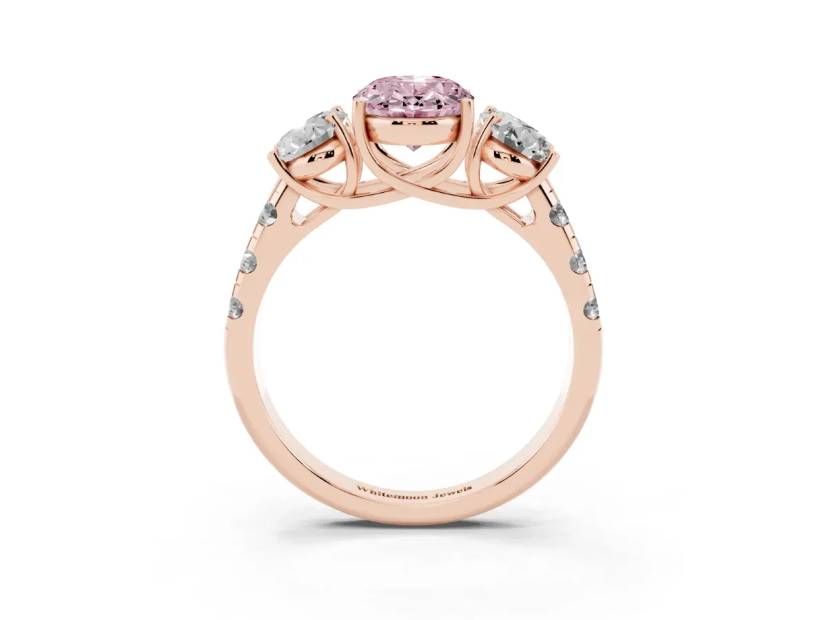 Fancy Pink Three-Stone Oval Cut Diamond Pavé Band with Prong Setting Rose gold