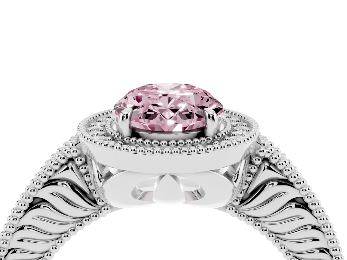 Fancy Pink Oval Cut Cut Halo Diamond Ring with Pavé Band and Four-Prong Setting Silver