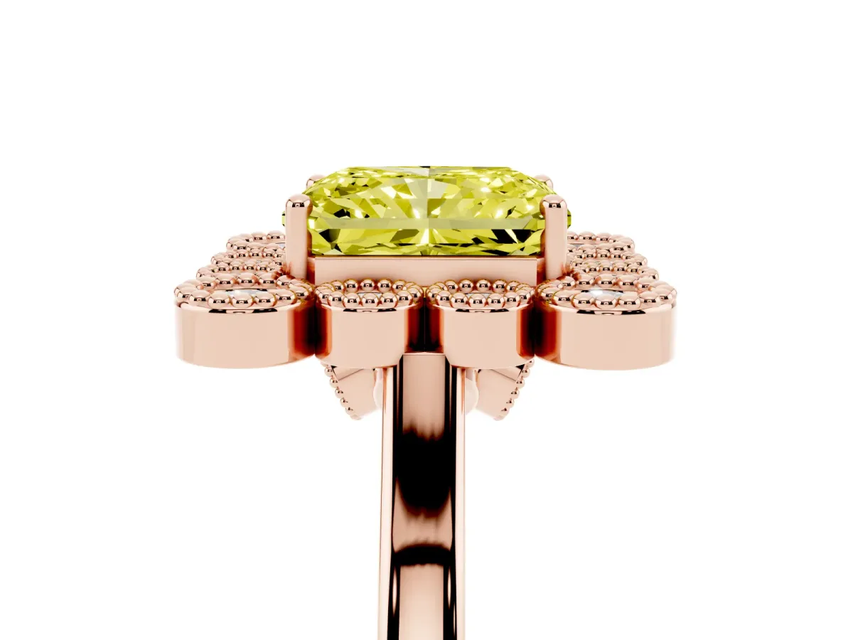 Fancy Yellow Radiant Cut Halo Diamond Cluster Engagement Ring with Milgrain Bezel Setting and Solitaire Band Rose gold