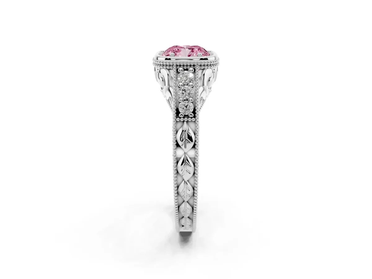 Fancy Pink Bezel Set Cushion Cut Diamond Milgrain Pave Engagement Ring Silver