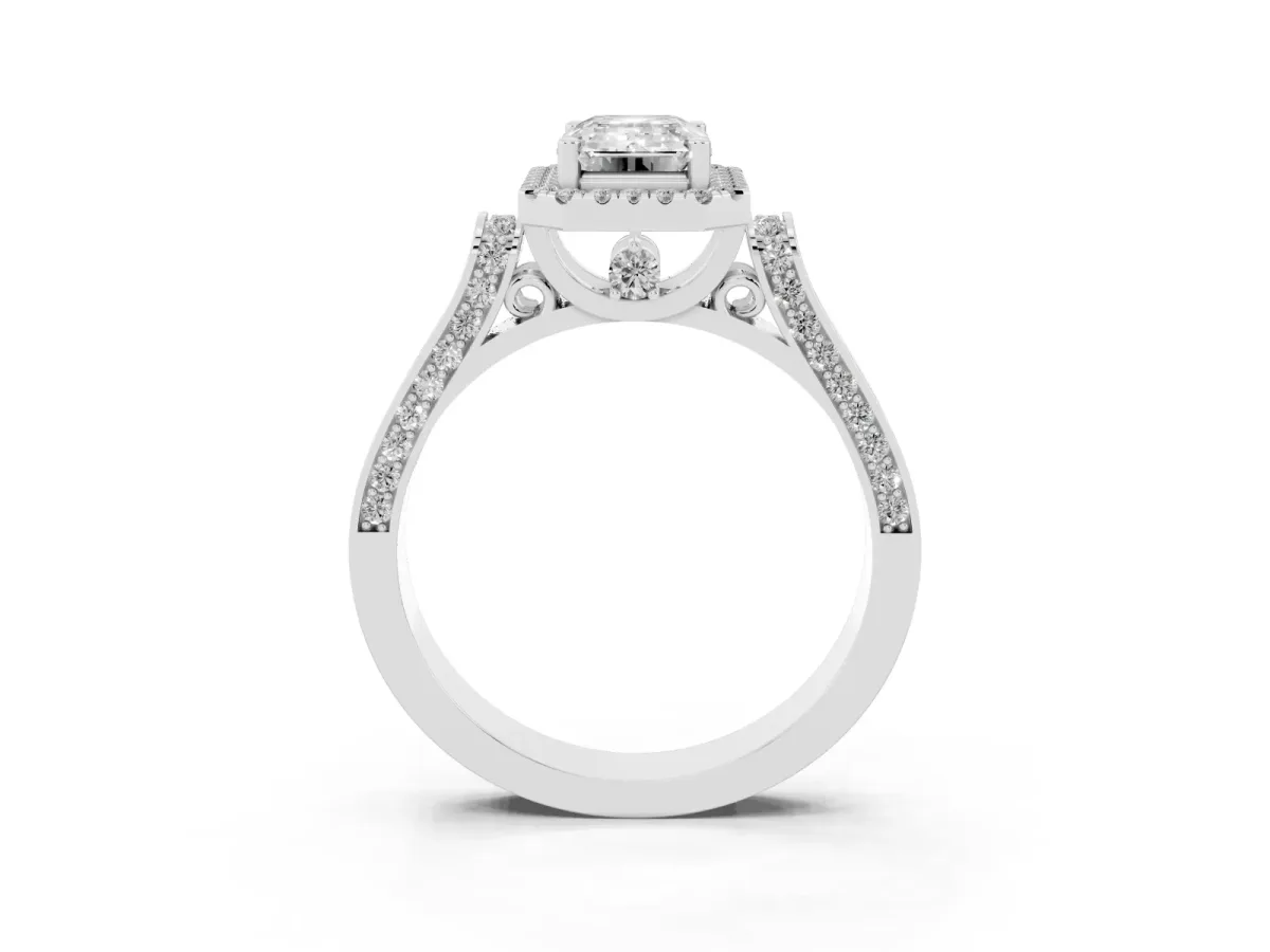 Emerald Cut Halo Pave Split Shank Prong Setting Ring Silver