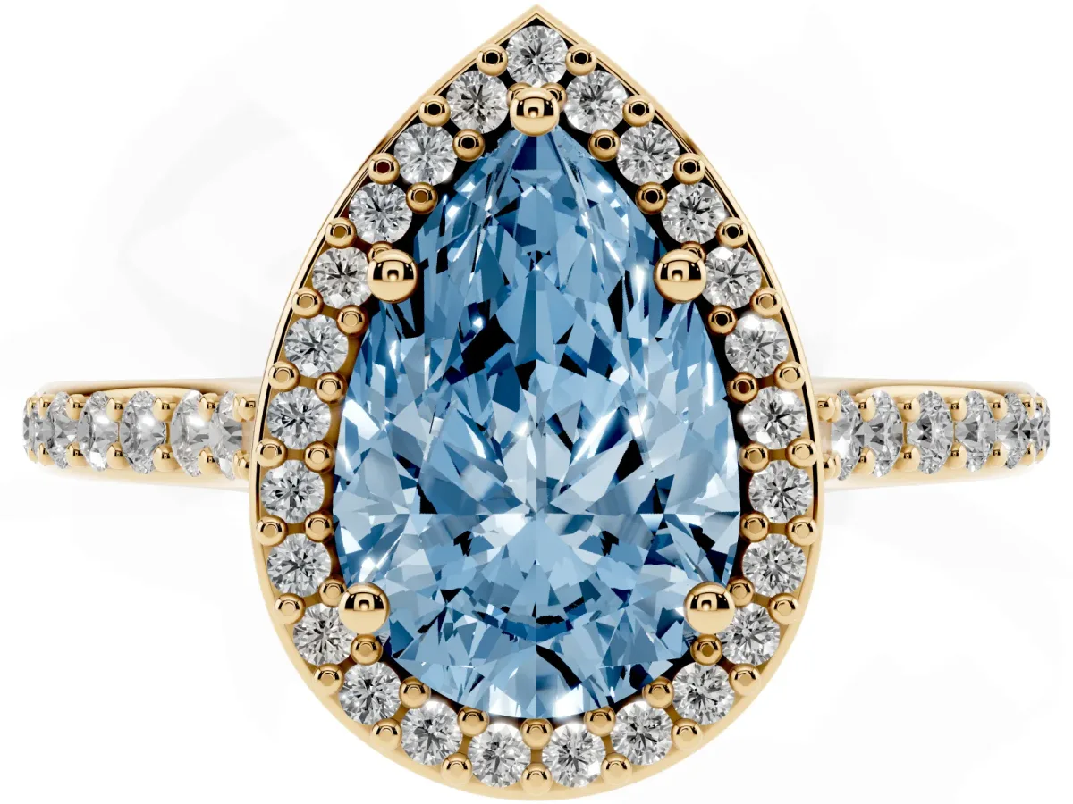 Fancy Blue Pear Cut Diamond Halo Engagement Ring with Round Pavé Shoulders and Prong Setting Yellow gold