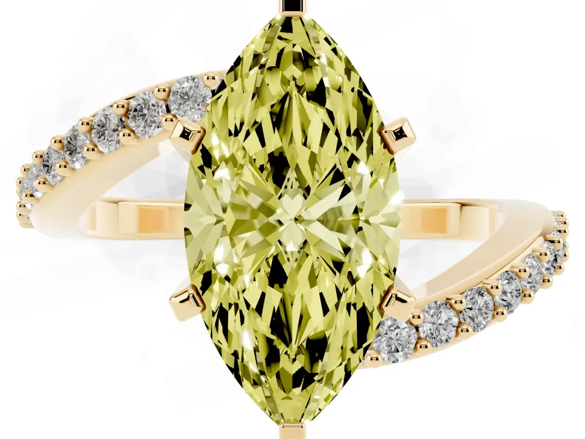Fancy Yellow Marquise Cut Solitaire Twist Band with Pave Set Diamonds and Four-Prong Setting Yellow gold