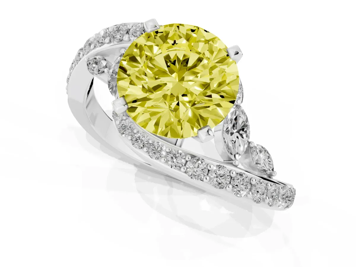 Fancy Yellow Round Cut Solitaire with Pavé Twist Band and Four-Prong Setting Silver