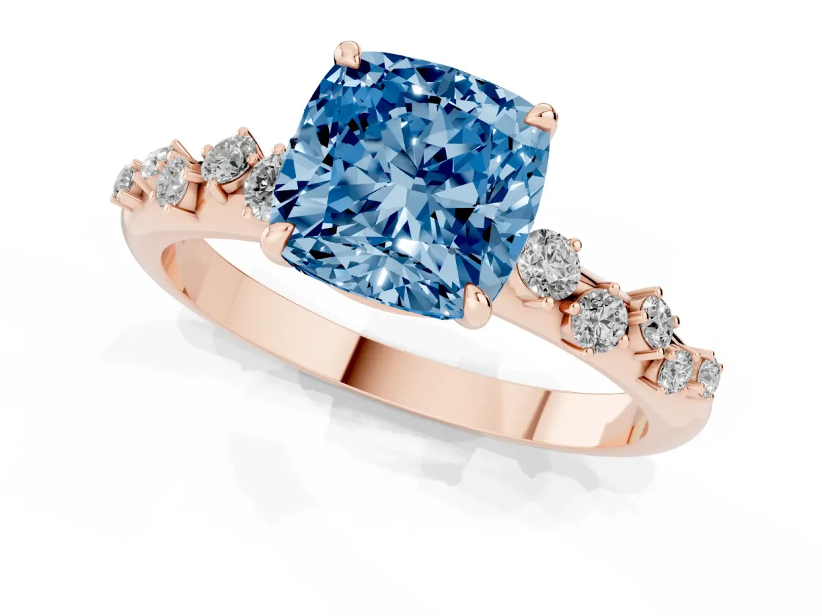 Fancy Blue Cushion Cut Diamond Cluster Prong-Set Solitaire Ring Rose gold