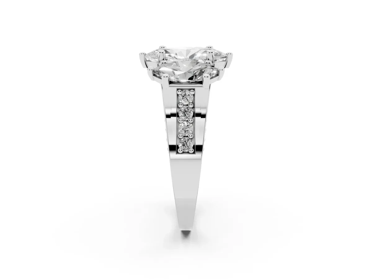 Marquise Cut Diamond Three-Stone Ring with Channel Set Band and Four-Prong Setting Silver