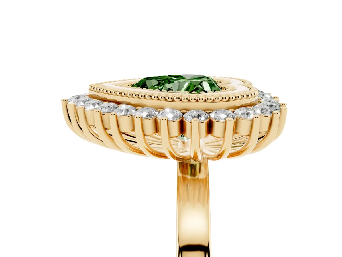 Fancy Green Heart Cut Halo Diamond Ring with Milgrain Edge and Round Prong Setting Yellow gold
