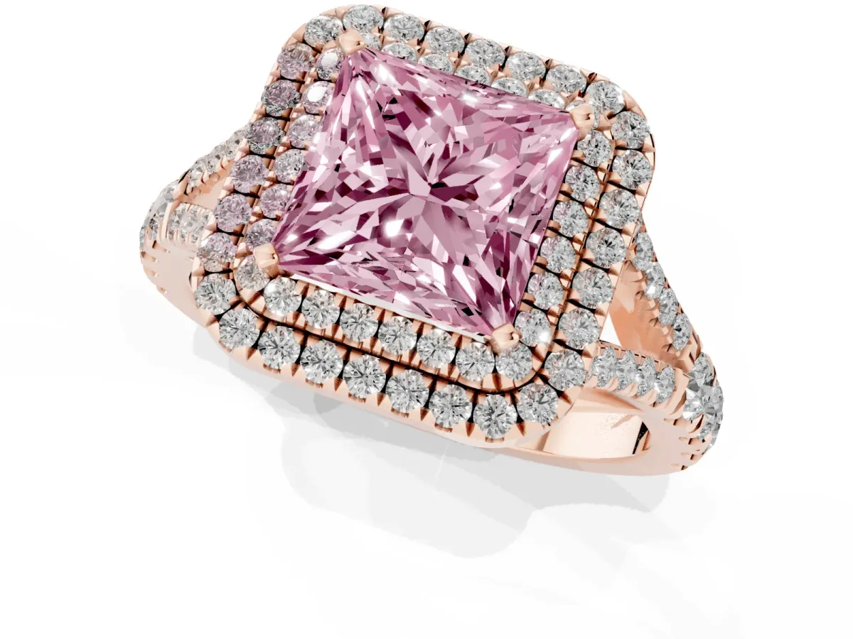 Fancy Pink Double Halo Princess Cut Diamond Split Shank Engagement Ring with Four-Prong Setting Rose gold