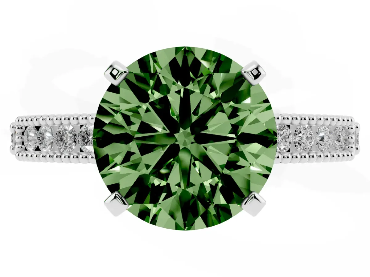 Fancy Green Round Cut Solitaire with Pavé Band and Four-Prong Setting Silver