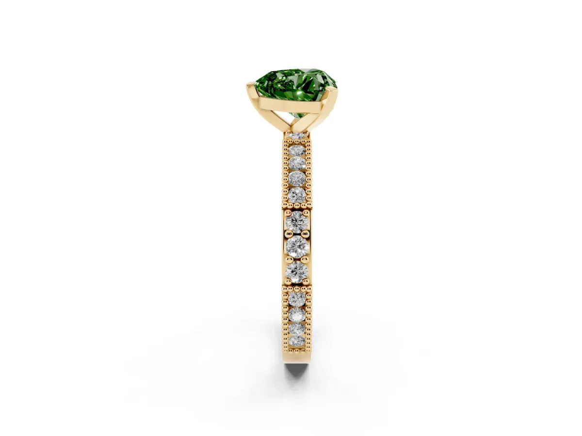 Fancy Green Heart Cut Solitaire with Pavé Band and Four-Prong Setting Yellow gold