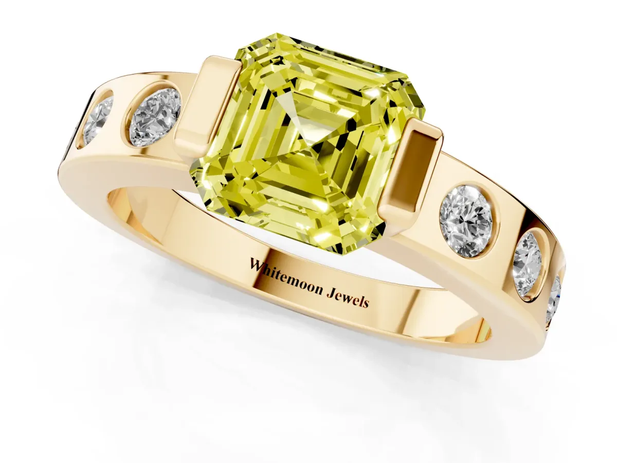 Fancy Yellow Asscher Cut Brilliant Channel-Set Diamond Ring with Bezel Prong Setting Yellow gold