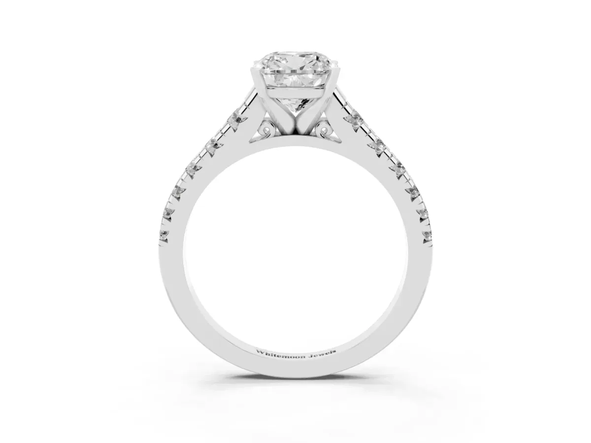 Cushion Cut Diamond Cathedral Solitaire Ring with Round Pavé Band Platinum