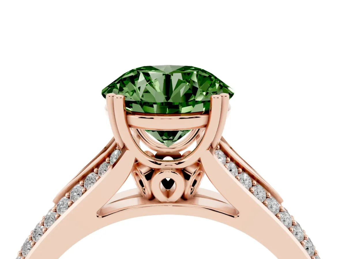 Fancy Green Round Cut Diamond Split Shank Engagement Ring with Pavé Band Rose gold