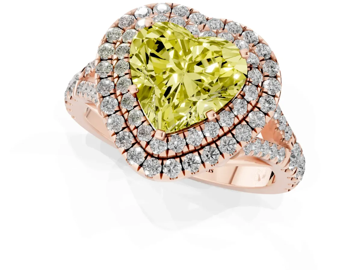 Fancy Yellow Heart Cut Cut Double Halo Split Shank Diamond Ring with Prong Setting Rose gold