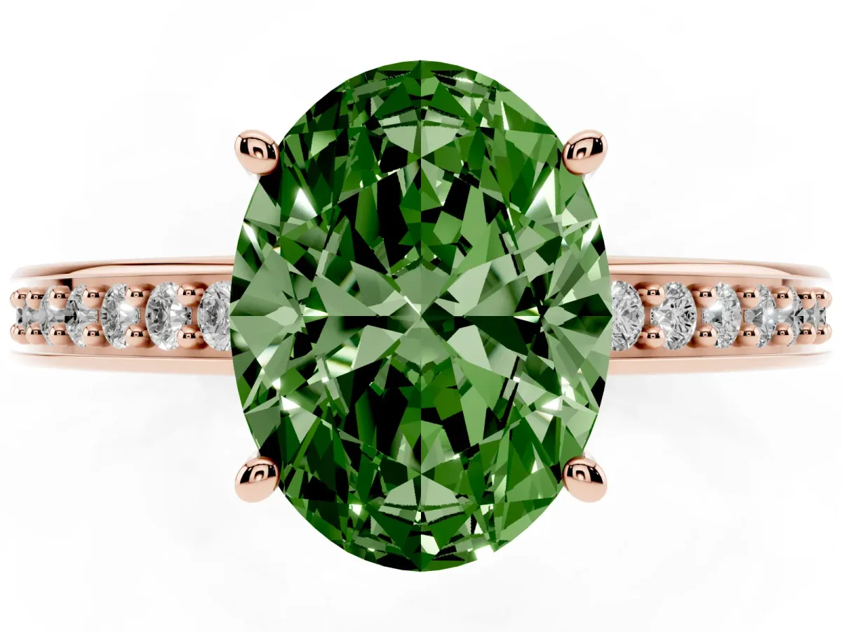 Fancy Green Oval Cut Solitaire Pavé Band Prong Setting Ring Rose gold
