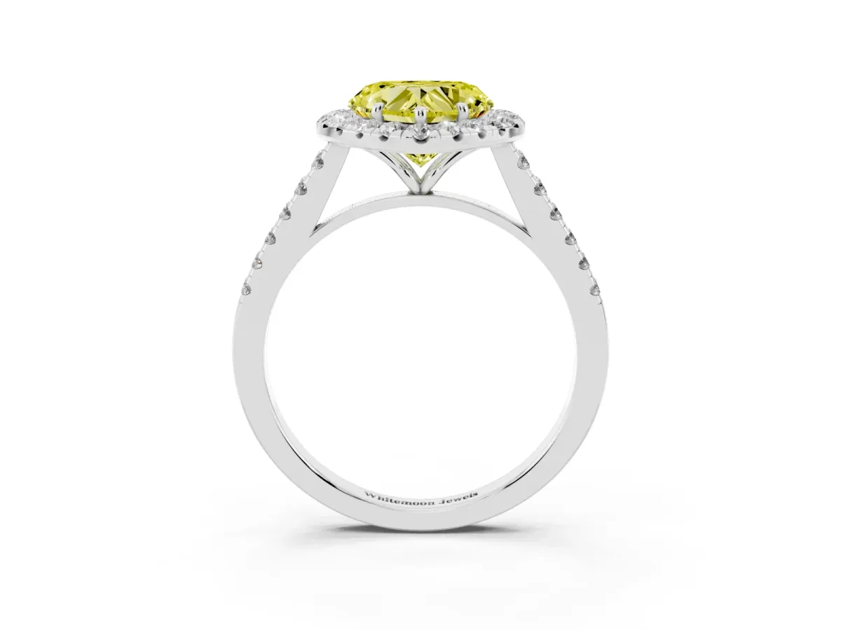 Fancy Yellow Heart Cut Halo Pave Diamond Engagement Ring with Four-Prong Setting White gold