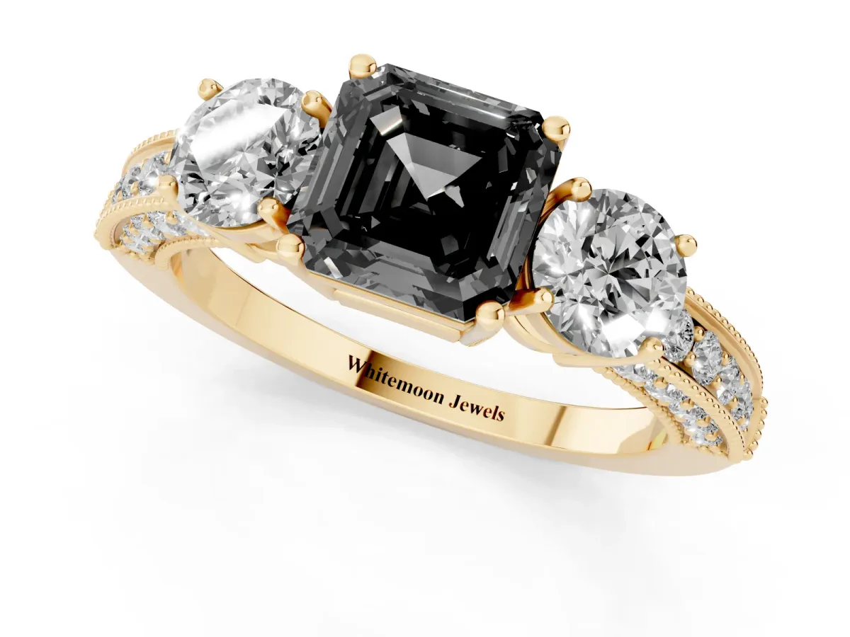 Fancy Black Asscher Cut Three-Stone Diamond Ring with Pavé Band and Four-Prong Setting Yellow gold