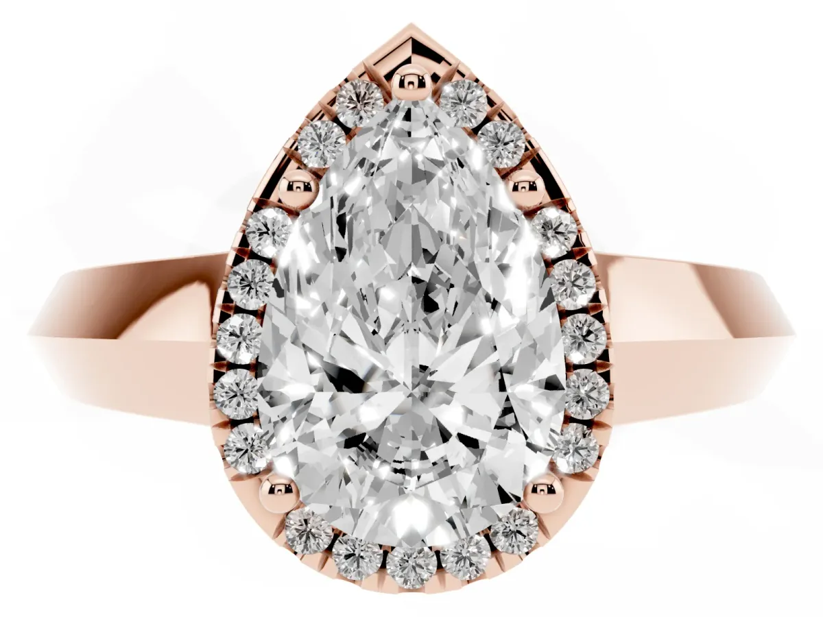Pear Cut Halo Diamond Ring with Cathedral Band and Four-Prong Setting Rose gold