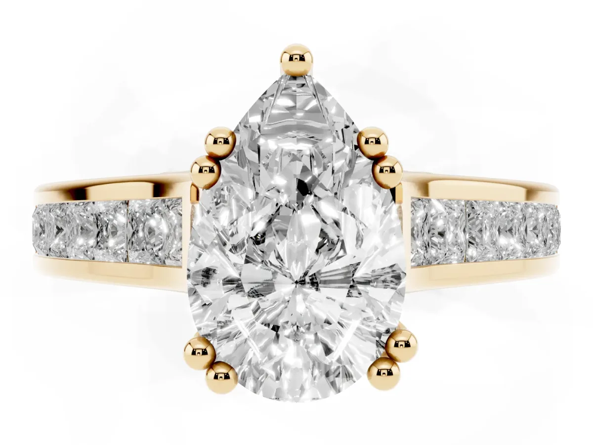 Pear Cut Cut Channel Set Solitaire Engagement Ring with Prong Setting Yellow gold