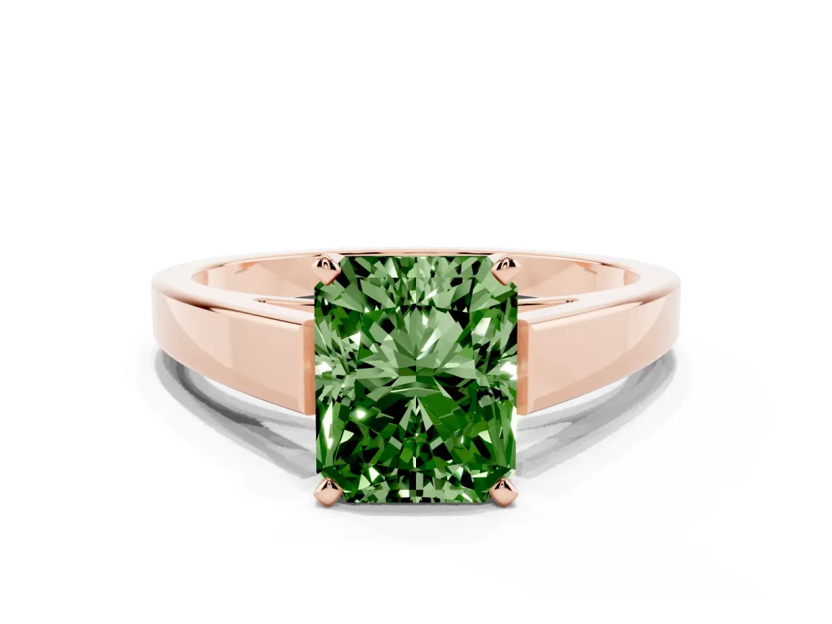 Fancy Green Radiant Cut Solitaire Engagement Ring with Four-Prong Setting and Tapered Band Rose gold